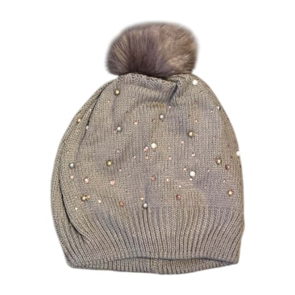 Taupe Knit Bling Pom Pom Beanie Hat